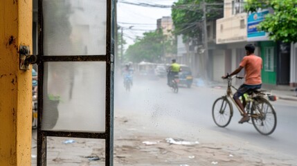 Fototapeta premium Biking through dusty streets urban area candid shot daylight closeup