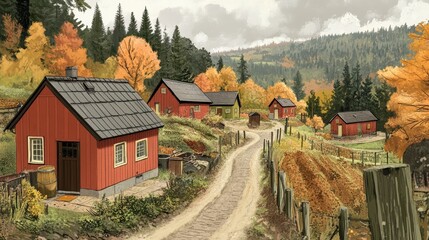 Rustic Autumnal Village Scene with Red Cottages and Winding Path