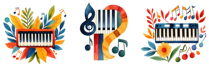 Colorful Musical Elements with Piano Keys and Bright Floral Designs