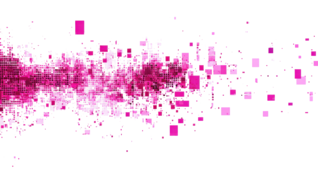 Dynamic pink pixel explosion on transparent background