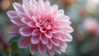 Fototapeta premium Close-up view of a delicate light pink dahlia flower with blurred background, showcasing its intricate petals and soft color