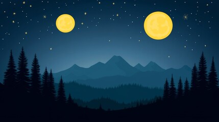Fototapeta premium Silhouetted mountain range under a night sky with two luminous celestial bodies