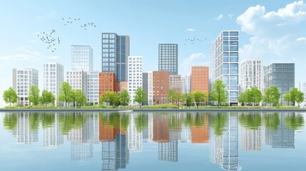 Modern City Skyline Reflected in Calm Water with Birds in Flight