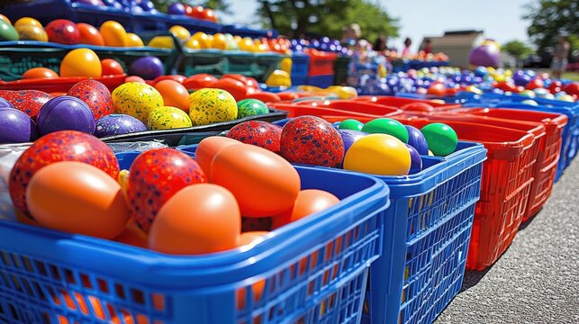 Colorful plastic balls in blue and red crates outdoors on a sunny day. Perfect for playtime!