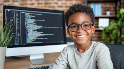 young student smiling proudly while coding on computer screen