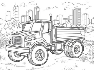 Minimal Line Drawing of a Dump Truck in an Urban Cityscape