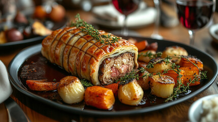 Gourmet beef Wellington with roasted vegetables and red wine