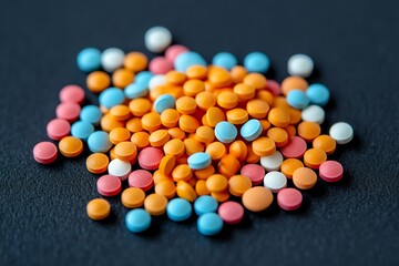 Obraz premium A vibrant pile of colorful pills in various shapes and hues, perfect for health, pharmaceutical, or artistic concepts. Bright, diverse, and eye-catching