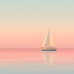 Fototapeta premium Calm sailboat on a pink sunset sea. Peaceful ocean view. Potential use for posters or wallpapers