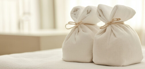Relaxing herbal compress bags on massage table, perfect for spa therapy. These traditional compresses enhance relaxation and wellness during treatments