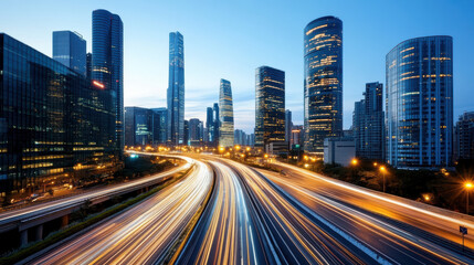 Obraz premium vibrant city skyline at dusk with illuminated skyscrapers and traffic trails