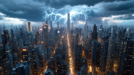 Fototapeta premium dramatic electric blue thunderstorm illuminates cybernetic metropolis