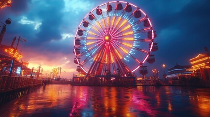 dazzling ferris wheel glowing with multicolored lights at a lively carnival during twilight