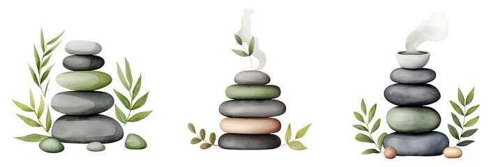 Tranquil Stacked Stones with Leaves and Smoke for Relaxation