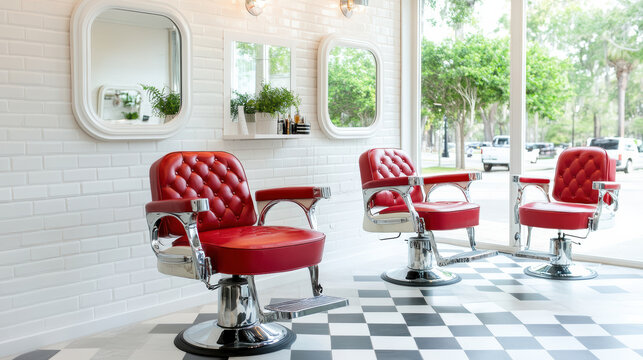 Old school barber shop with red chairs and checkered floors, inviting atmosphere