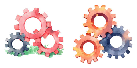 Colorful Watercolor Gears Set on Grass Background for Creative Projects