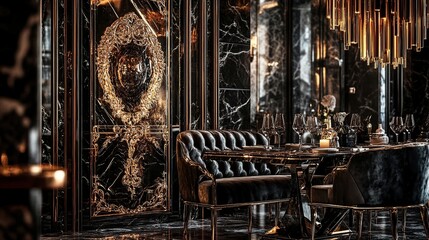 Luxurious Restaurant Interior, Elegant Dining, Marble Walls, Golden Accents, Night Ambiance