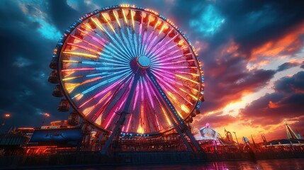 dazzling ferris wheel glowing with multicolored lights at a lively carnival during twilight