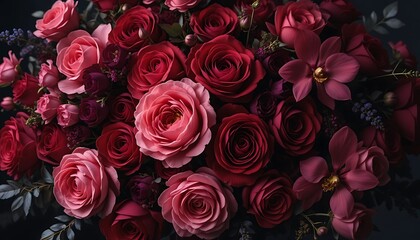 Obraz premium Stunning Close-Up of a Luxurious Bouquet of Deep Red and Pink Roses and Magnolias