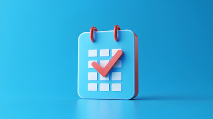 Calendar with checkmark or checklist icon. Minimal cartoon blue calendar with tick mark icon creative design icon. time management, appointment, reminder, schedule time concept
