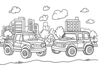 Vehicles in Blank Line Drawing Style for Kids Coloring