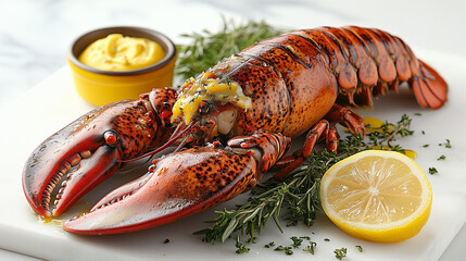 Freshly cooked lobster with lemon and herbs on a white platter
