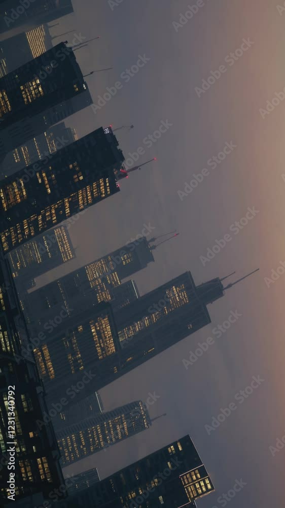Poster A hazy dusk scene capturing a mix of dimly lit towers and gently shimmering window lights, creating a dreamy urban backdrop.
