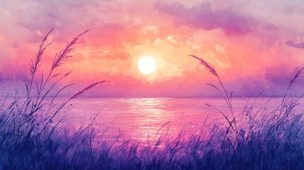 Sunset seagrass, peaceful ocean sunset scene