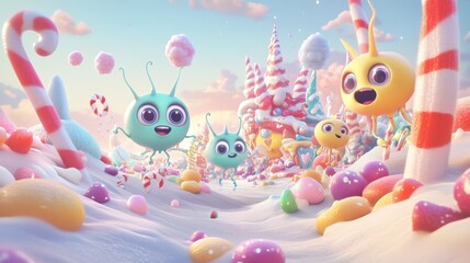 Adorable Alien Creatures Exploring a Whimsical Candy Land