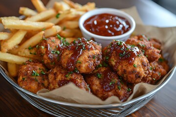 Golden chicken nuggets served with barbecue sauce and fries, clean kid-friendly setup