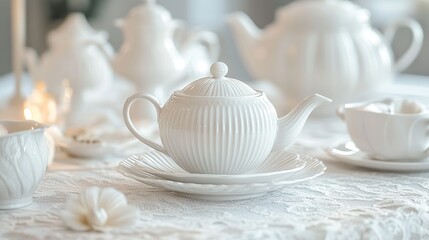 Fototapeta premium White Teapot, elegant tableware, cozy setting, candlelight background, tea party