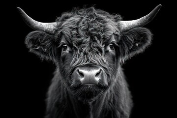 highland cow black and white portrait dramatic lighting animal photography