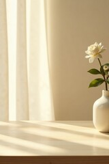 Serene Sunlight Illuminates Single White Rose in Simple Vase on Light Wooden Tabletop Near Sheer Curtains