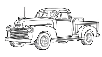 Vintage Pickup Truck Outline Drawing for Kids Coloring and Creative Learning