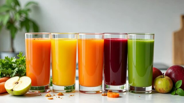 A row of glasses with different colored juices and a carrot. The juices are orange, green, and purple