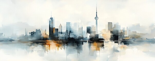Naklejka premium A serene watercolor depiction of a city skyline, blending soft hues of gray, blue, and subtle gold, reflecting beautifully on calm waters.