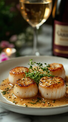 Gourmet seared scallops with white wine and herbs