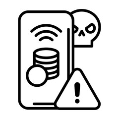 Fraud warning image icon. A mobile phone contains coins to be transferred. There are skulls and crossbones around it, along with a warning symbol.