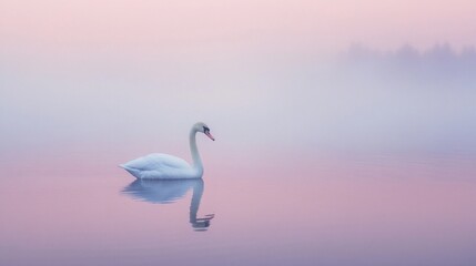 Fototapeta premium Graceful White Swan on Calm Pink Mist Shrouded Lake at Dawn