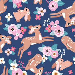 Seamless vector pattern with cute fawn and rabbit on floral background. Hand drawn woodland illustration. Perfect for textile, wallpaper or print design. EPS10 vector file.