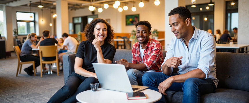 Multicultural students collaborating on project in modern lounge, teamwork