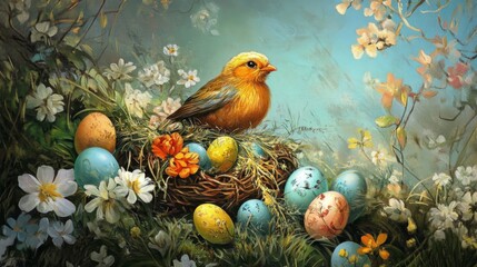 Obraz premium Yellow Bird in Nest with Colorful Easter Eggs and Spring Flowers