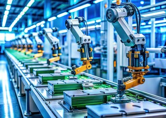 Automated PCB Assembly Line: High-Precision Robot Arms Installing Components with Quality Control