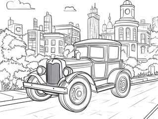 Vintage Automobile in a Cityscape   A Line Drawing for Kid s Coloring