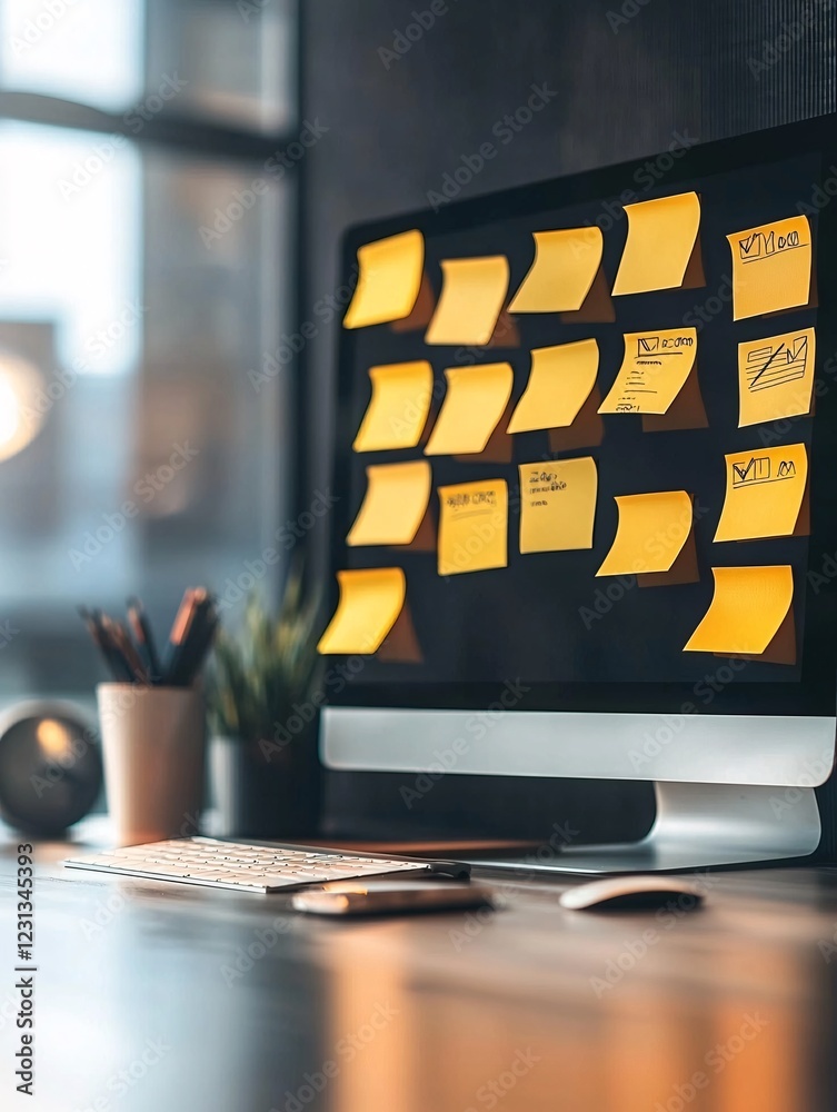 Poster a modern desk setup featuring task management software open on a monitor, with sticky notes pinned t