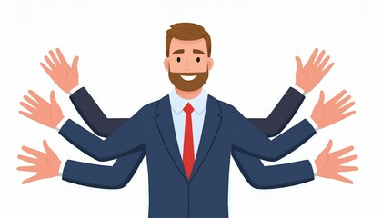 Business man with arms raised. Happy businessman with many hands Vector illustration in flat design. isolated on white background.