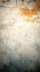 Obraz premium A textured wall with cracks and discoloration, showcasing a blend of gray and orange tones, evoking a sense of age and character.