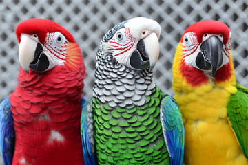 Three colorful parrots with vibrant feathers posing together against a blurred metal fence background