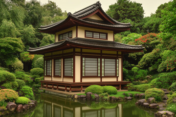 A japanese tea house with wooden architecture, sliding paper windows, and a tranquil pond, surrounded by lush green trees and plants