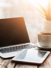 Fototapeta premium A tech-savvy entrepreneur building a digital product using a sleek laptop and tablet, with a minimal workspace.